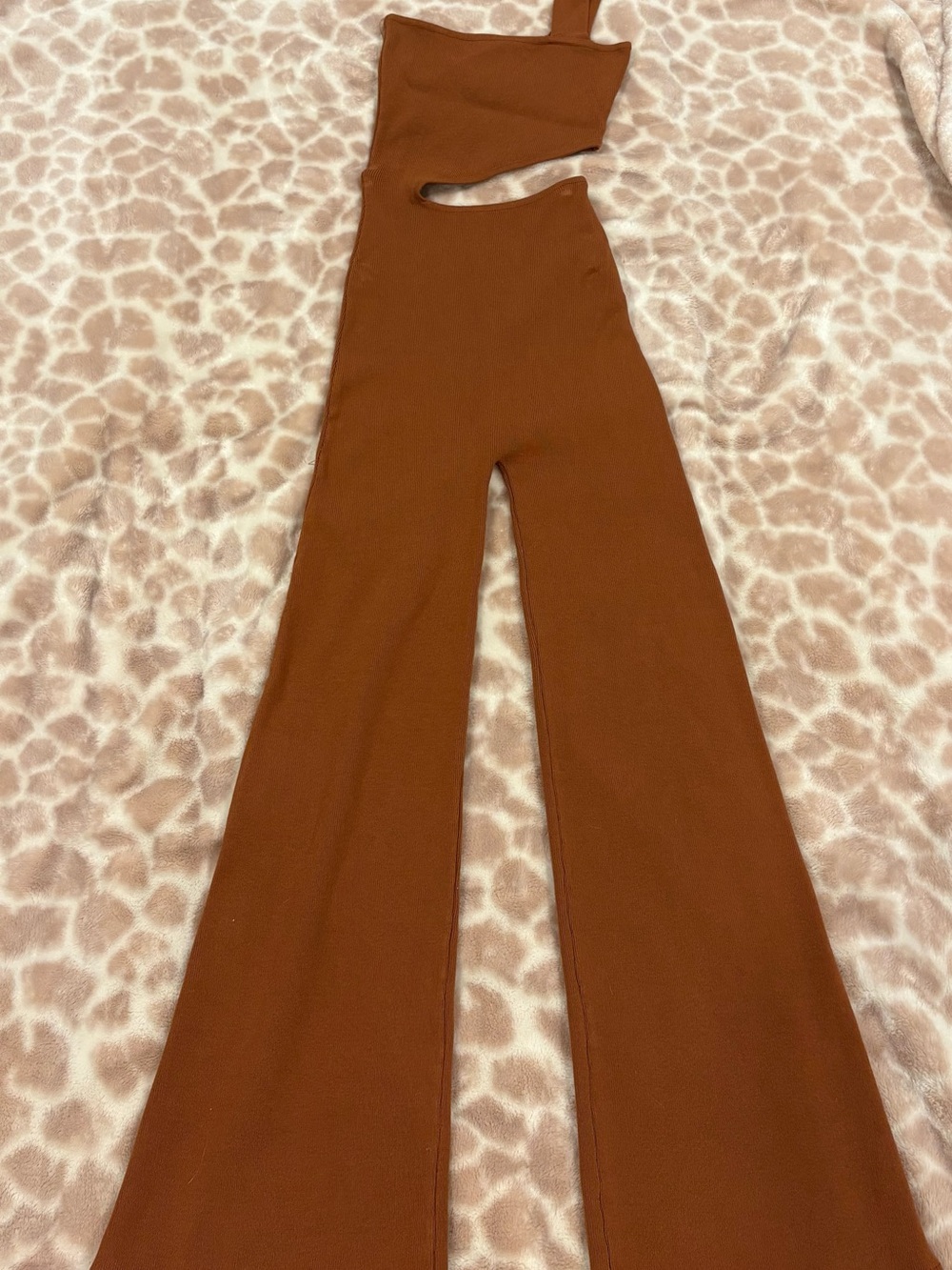 Fashion Nova One-Shoulder Cutout Flare Jumpsuit in Rust Brown